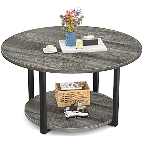 Armocity Round Coffee Table Modern Coffee Table Living Room Table Wood Circle Coffee Table with Storage 2-Tier Central Table for Living Room, Coffee Bar, Patio Easy Assembly, Grey