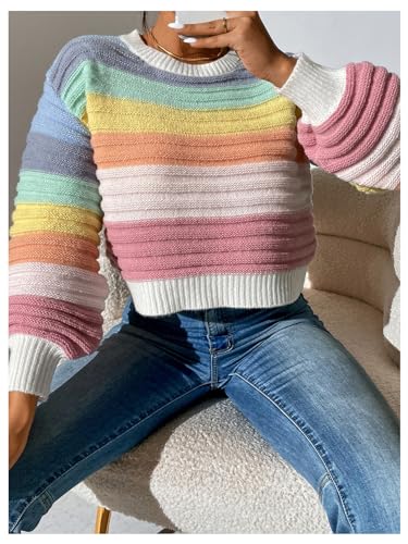 OYOANGLE Women's Color Block Lantern Long Sleeve Rainbow Sweater Drop Shoulder Pullover Jumper Tops3