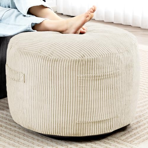 Round Stuffed Pouf Ottoman,Corduroy Foot Rest with Rebound Foam Filled, Furry and Fluffy Foot Stool Ottoman,26"*18" Floor Poufs for Living Room (Beige, 26" D x 26" W x 18" H) Beige 26"D x 26
