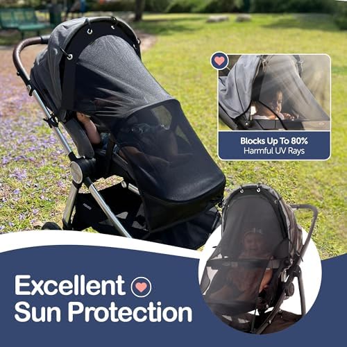 Stroller Sun Shade Extender – Universal Clip-On Baby Stroller Sun Shade Cover, UV Protection, Breathable See-Through Mesh, Adjustable Fit, Large Black — 사진 2