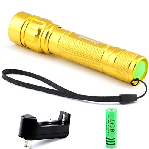 SKYWOLFEYE Zoomable 300LM Cree T6 LED Flashlight Torch Lamp 3 Modes Powerful Light 18650 (a Gold Flashlight + a 18650 Battery + a Charger)