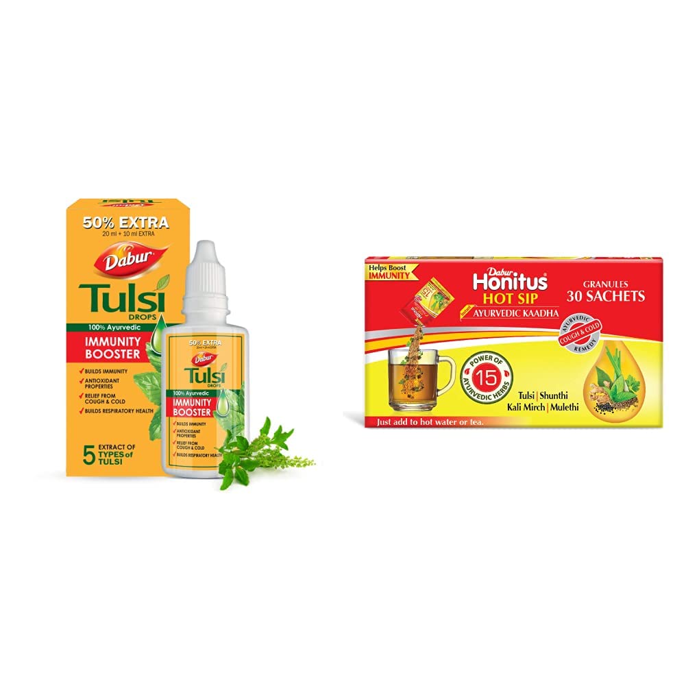 DABUR Tulsi Drops- 50% Extra: Concentrated Extract of 5 Rare Tulsi for Natural Immunity Boosting & C & Dabur Honitus Hot Sip Ayurvedic Kadha (Pack of 30 Sachets)-image-13