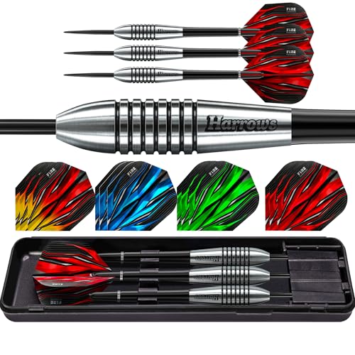 Harrows Fire Bomber - Juego de dardos con punta de acero de tungsteno, 23 g, 25 g, 27 g, 27 g, 20 unidades con plumas de fuego de repuesto de 27 g