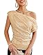 GRACE KARIN Damen Glitter Party Oberteil Elegant Schrägkragen Pailletten Shirt Cocktail Bluse, Farbe: Champagner Gold, Größe: L