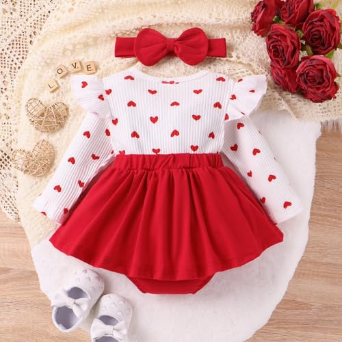VISGOGO Baby Girl Valentines Day Outfit Romper Dress Ruffles Long Sleeve Heart Print Clothes Jumpsuit with Headband3