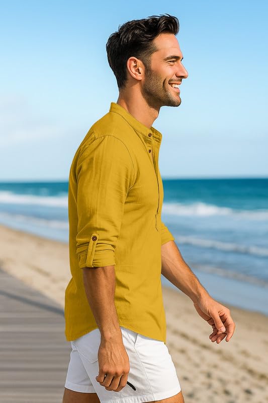 Image of Macsivo Men's Cotton Blend Solid Short Kurta with Mandarin Collared Full Sleeve Drawstring Stylish Straight Length | Kurta for Men Stylish