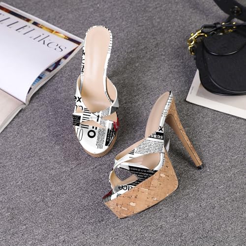 Image of Esvowido Heeled Mules for Women Cork Platform Stiletto Heels Slip on Open Toe High Heeled Sandals Crisscross Slippers Pumps Shoes