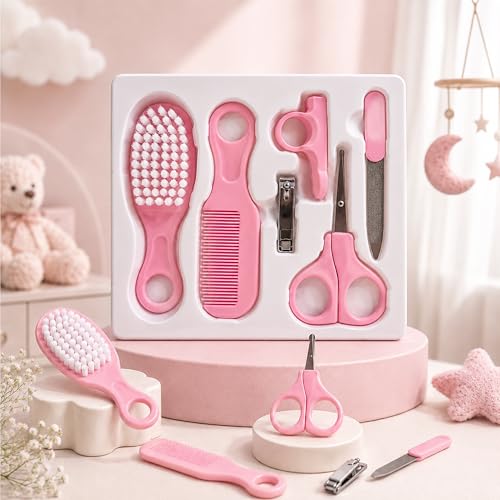 Image of StarAndDaisy baby grooming / care kit for new born baby , baby comb hair for new born Hair Brush, Comb,Baby Nail Scissor,Baby Nail Cutter,nail cutter safety holder, Nail Filer for Infants & Toddler (Care Kit-Pink)