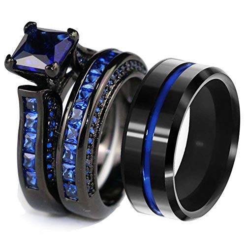 3pc Couple Ring Bridal Set His Hers Black Gold Plated Blue Cz Stainless Steel Wedding Ring Band