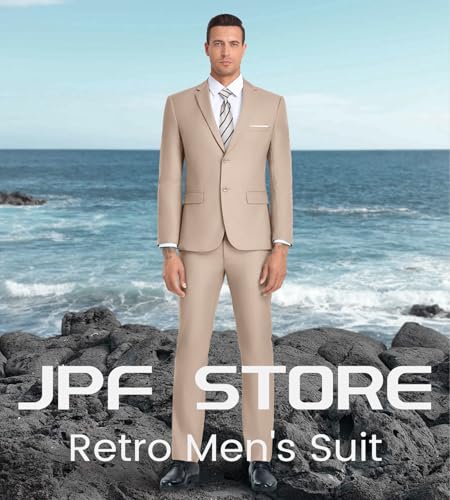 JPF Men's 2 Piece Slim Fit Suit Set, Two Button Solid Jacket Pants with Tie Suits for Men3