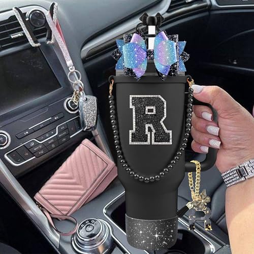 Hpebl 9PCS Black for Stanley Cup Accessories Set Bling Initials Bow Charms for Stanley Decorations 30/40 Oz Tumbler Accessories Including Bow Straw Topper, Handle Strap, Spill Stopper（Letter R） - image 6