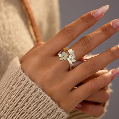 LOVECOM 925 Sterling Silver Flower Rings for Women Dainty 14k Gold Plated Adjustable Open Three Floral Statement Ring Non Tarnish Trendy Promise Ring Jewelry Birthday Gifts for Mom Daughter3