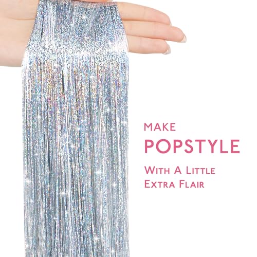 Image of WENNALIFE Hair Tinsel for Girls, Silver Fairy Kit 1200 Strands 6PCS 48 Inch Heat Resistant Glitter Tinsel Hair Extensions Kit Christmas Angel Feathers Hair Sparkle Strands