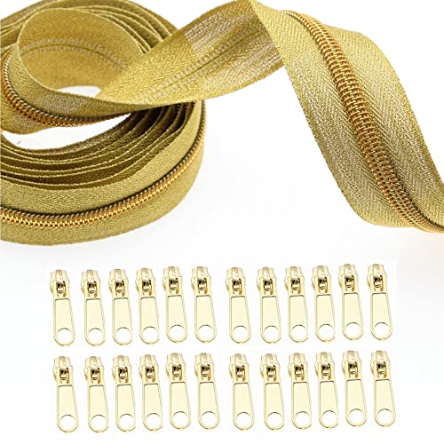 Oro Metálico Nylon Cremallera 9 Metros - Blanco y Latón Antique - Incluye 20 Cursores - Para Costura Artesanía, Ropa Hecho a Mano Shunli Cover