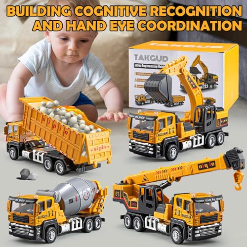 4 Packs Metal Construction Trucks Playsets, Mini Friction Powered Engineering Vehicle, Crane, Excavator, Cement Mixer, Dump Truck Toys for Boys 3-5 Years Old, Die-Cast Trucks for Toddlers Kid - Image 3