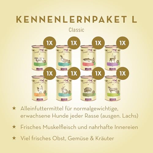 Terra Canis Kennenlernpaket L, Classic Hundefutter nass 8 x 400 g – Premium-Nassfutter für ausgewachsene Hunde Aller Rassen, mit Rohstoffen 100% Lebensmittelqualität