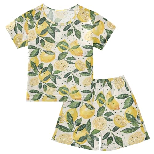 ALAZA Lemon Green Leaves Pajama Set Short Sleeve Sleepwear Soft Lounge Nightwear