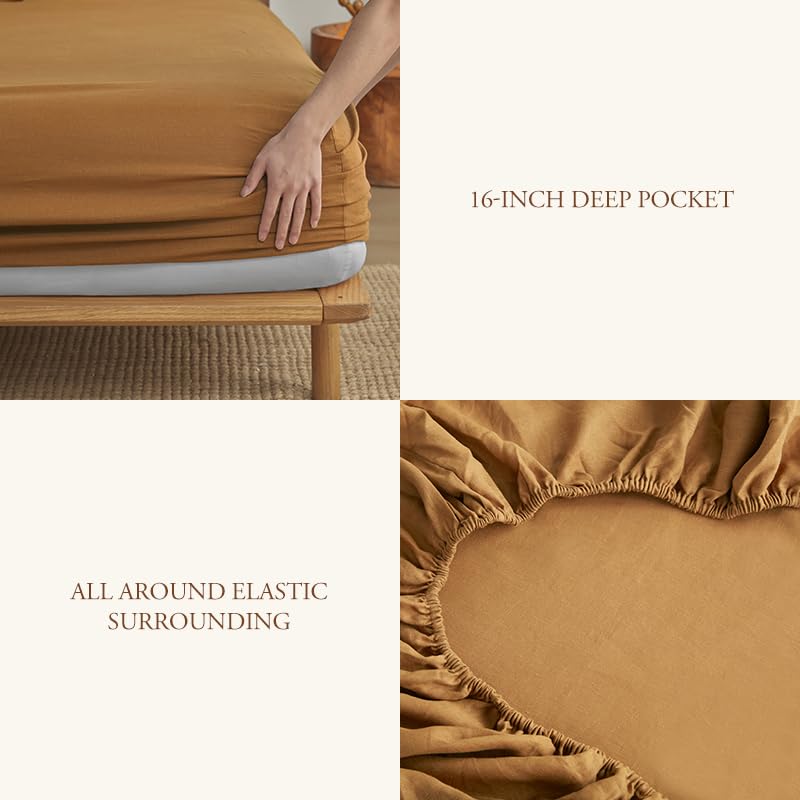 DAPU Pure Linen Sheets Set, 100% French Linen from Normandy, Breathable and Durable for Hot Sleepers, 4 Pcs Set - 1 Flat Sheet, 1 Fitted Sheet, 2 Pillowcase (Earthy Linen, Full)