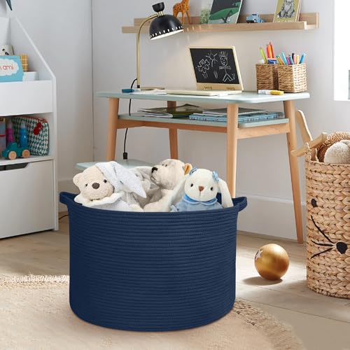 Image of MEGASKET Dark Blue Basket for Organizing, 22 inch x 14 inch Extra Large Woven Cotton Rope Laundry Basket, Blanket Storage for Living Room Bedroom, Big Nursery Kids Toy Box Organizer, Pool Towel Storage Bin