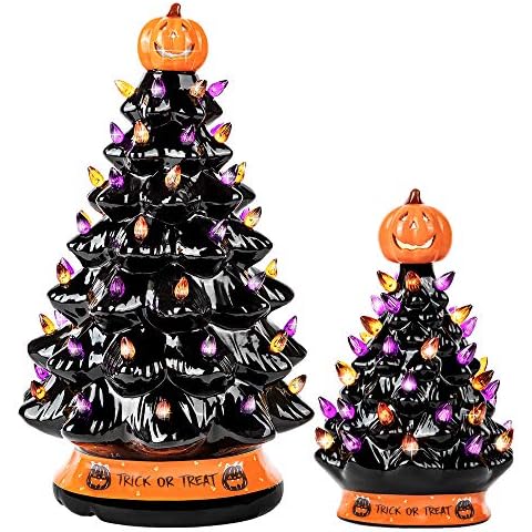 RJ Legend 15-INCH Black + 9-INCH Black Ceramic Decoration Tree Bundle, Cordless with Multicolor LED Cover