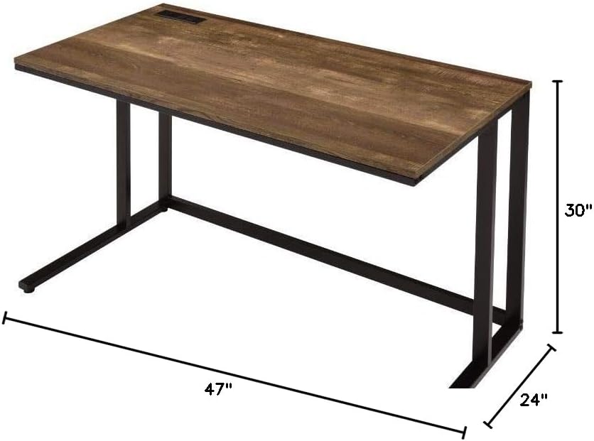 Knocbel 47in Contemporary Computer Desk with Built-in USB Port and Sockets, Home Office Workstation Writing Table with Metal Frame (Walnut and Black)