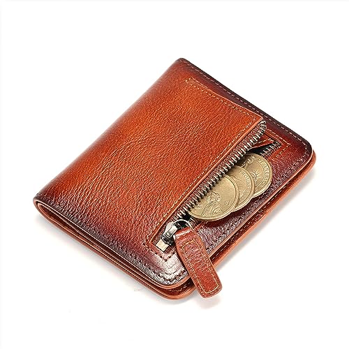 mens zipper leather rfid blocking wallet Portable mini wallet with multiple card slots for banknotes (Yellowish brown)
