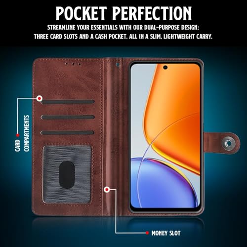 Image of WOW IMAGINE Shock Proof Flip Cover Back Case for Vivo T4x 5G | iQoo Z10x 5G | Vivo Y31 Pro 5G (Magnetic Button Flip Case | Wallet Pockets & Stand | Leather Finish | Coffee)