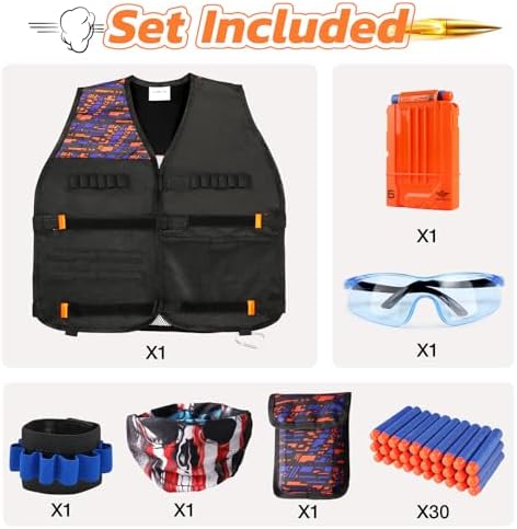 UWANTME Kids Tactical Vest Kit for Nerf Guns Elite Series with Refill Darts,Tactical Mask Wrist Band,Protective Glasses,Toys for 7 8 9 10 12 Year Old, Orange