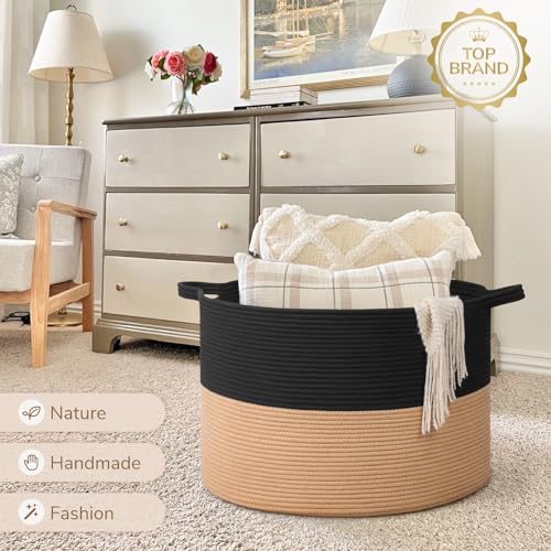 Image of INDRESSME 115L Extra Large Cotton Rope Blanket Basket for Nursery, Boho Decor Baby Laundry Baskets for Kids Toy Organizer Storage Bin for Dirty Clothes Pillows Towel, Black & Camel