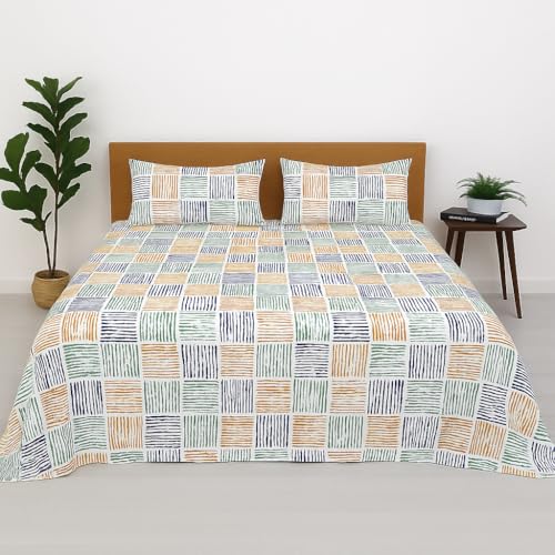 Image of 100% Cotton Bedsheet for Double Bed, 144 TC | Flat Sheet with 2 Pillow Covers | Soft & Breathable Brush Art Print - Blue Chadar Set