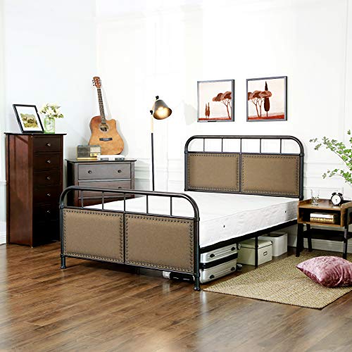 Image of VASAGLE Queen Size Metal Bed Frame with Headboard, Footboard, No Box Spring Needed Platform bed, Under-Bed Storage, Vintage Industrial Style, Brown and Black URMB024BE
