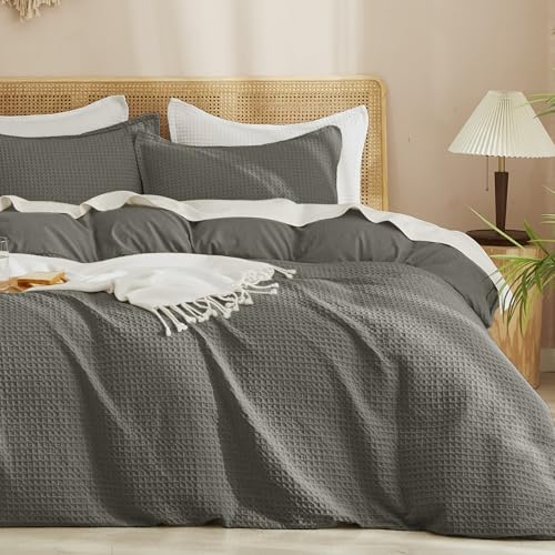 Image of PHF Waffle Weave Duvet Cover Set Queen Size, No Snagging Ultra Soft Luxury Textured Breathable Comforter Cover for All Season 3pcs, Durable Bedding Duvet Set with 2 Pillow Shams, 90 inchx90 inch, Grey