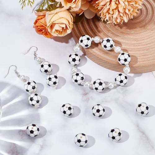 SUNNYCLUE 32Pcs 15mm Soccer Beads Sports Silicone Focal Beads White Black Small Loose Round Ball Beaded Pens Bead for Graduation Party Office Supplies Crafts Keychain Necklace jewellery Making Beginne - Image 4