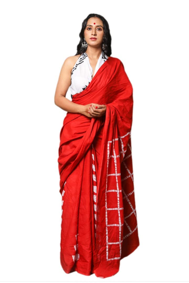 S R CreationWomen's Jaipuri Ikat Hand Block Print Cotton Mulmul Saree With Blouse Piece_ PDH-006