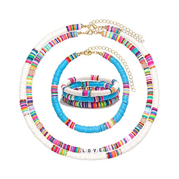 FAERLIIRY-Surfer-Heishi-Layered-Choker-Necklace-Open-Hoop-Earrings-Elastic-Stretch-Bracelet-Set-Lightweight-African-Vinyl-Disc-Bead-Summer-Beach-Jewelry-Set-for-Woman-Girls FAERLIIRY Heishi Letter Alphabet Choker Necklace Beaded Anklets Stackable Stretch Bracelet Set for Woman Girls Rainbow African Vinyl Disc Beads Holiday Vacation Party Beach Surf Jewelry(Style:B)