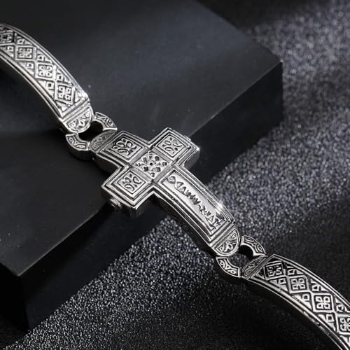 Mens Cross Stainless Steel Bracelet - Heavy Retro Punk Cross Bracelet for Men, 8.66" Adjustable Gothic Jewelry with Black Polished Engraved Design4