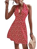 SweatyRocks Women's Boho Sleeveless Halter Floral Dress Tie Backless A Line Mini Dresses Red L