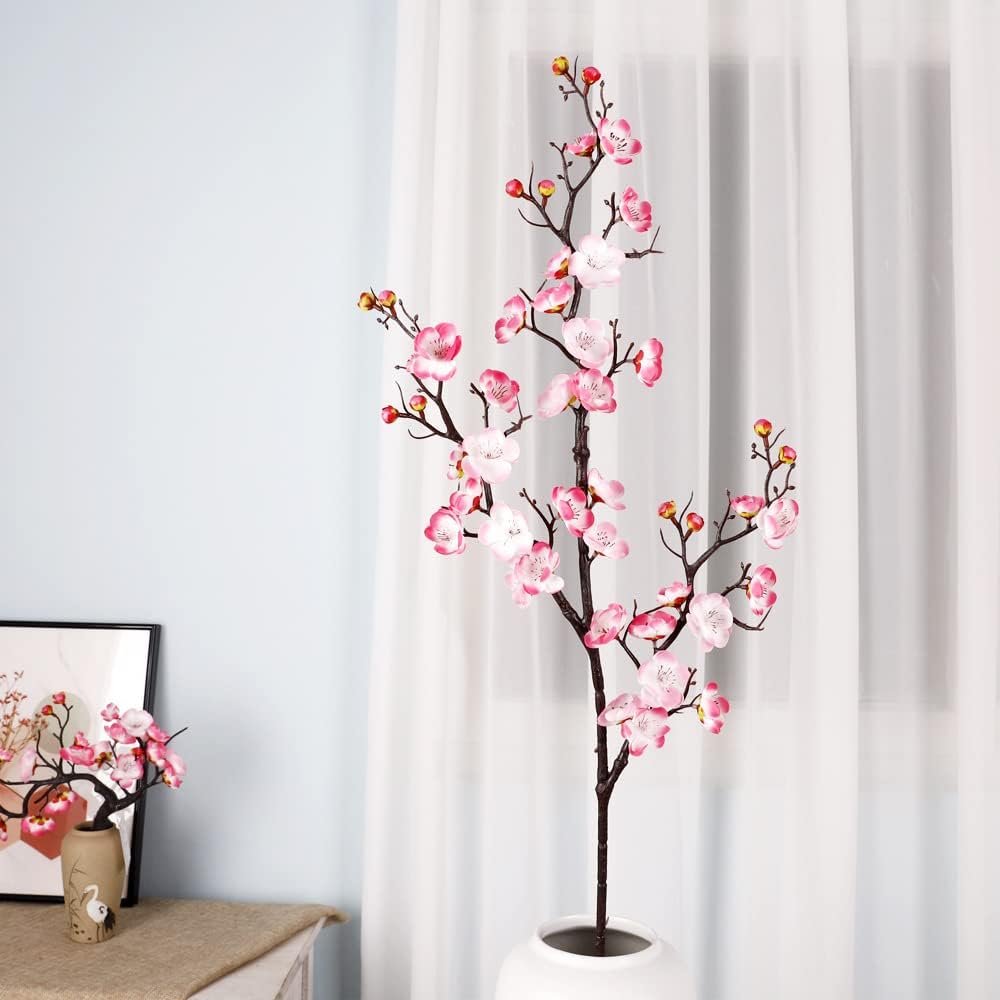 94cm Long Stem Artificial Flowers for Tall Vase 2Pcs Set - Pink Fake Plum Blossom Branches that Looks Real, Perfect for Home Office Decoration