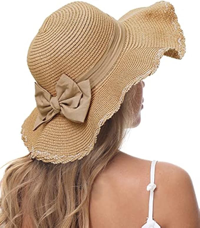 Dolcevida Women Straw Sun Hat Wide Brim UV Protection Beach Hat Summer Floppy Hat with Linen Bow