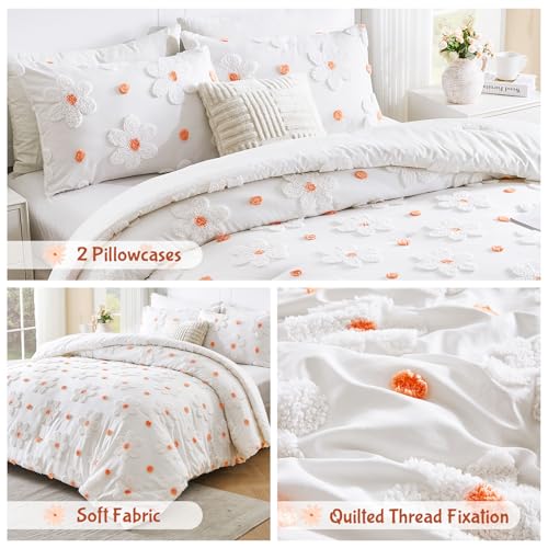 Image of Full Size Comforter Set for Girls Kids 3 Pieces Orange Flowers Bedding Set | CotComf White Comforter Set with Flowers, Bed in A Bag Lightweight Cute Bed Comforter Set for Teen Girls Women