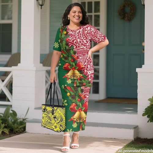 Image of Polynesian Dress for Women Short Sleeve High Waist Maxi Skirt | Puletasi dress, t-shirt and skirt two-piece, elastic material, lightweight, soft, plus size, luau party, wedding, clubwear