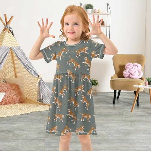 Toddler Girls Dress Summer Tigers Dresses Short Sleeve Clothes Casual Sundress 2-8Y4