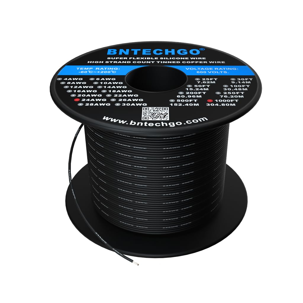 BNTECHGO 24 Gauge Silicone Electric Wire Spool 1000 ft Black Flexible 24 AWG Stranded Tinned Copper Wire