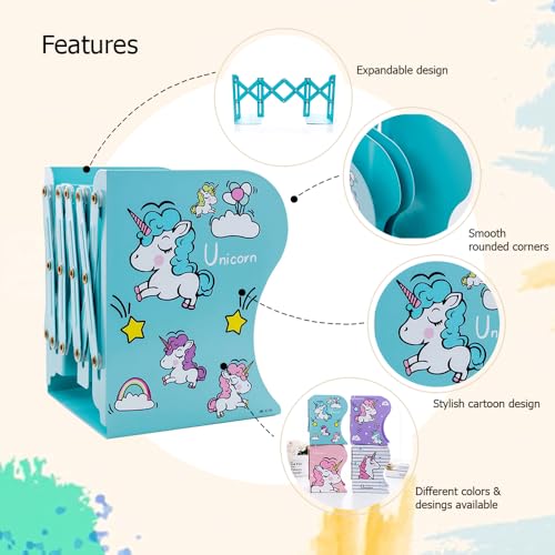 oddpod&trade; Cute Unicorn Adjustable Metal Bookend/Desktop Multi-Purpose Expandable Book Shelf Organiser Stand for Home, Office, School, Study, Living Room & Library Decoration - Blue