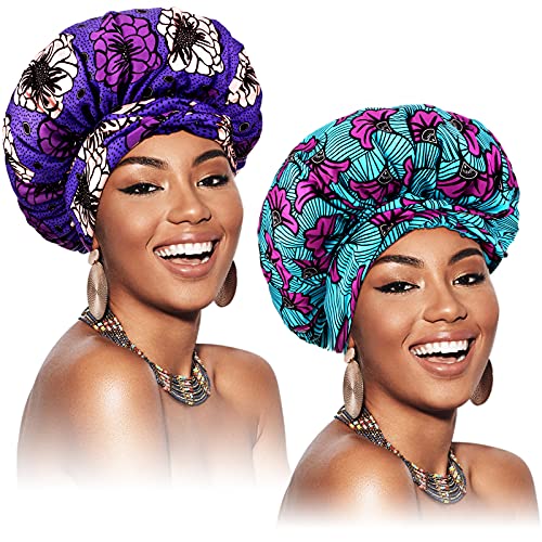 2 Pièces Bonnet en Satin Bonnet de Nuit Bonnet de Sommeil Réglable en Satin de Double Couche Bandeau Imprimé Africain Foulard Bande Élastique Chapeau de Nuit pour Cheveux Bouclés (Élégant)