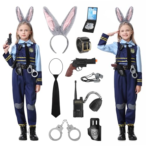 BuntWunder Disfraz Policia Conejo Niño, Disfraz de Policia para Niña con Camisa Chaleco Pantalones Orejas de Conejo Funda Esposas Policial Walkie Talkie, Juguete de Policía para Carnaval Fiesta (M)