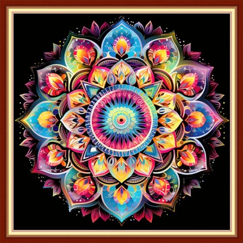 Image of Joyhoor Cross Stitch Kits for Beginners Stamped Cross-Stitch Supplies Needlework preprint Embroidery Kits for Adults DIY Needlepoint Kits Embroidery Patterns 11CT-Colorful Mandala 18x18 inchs