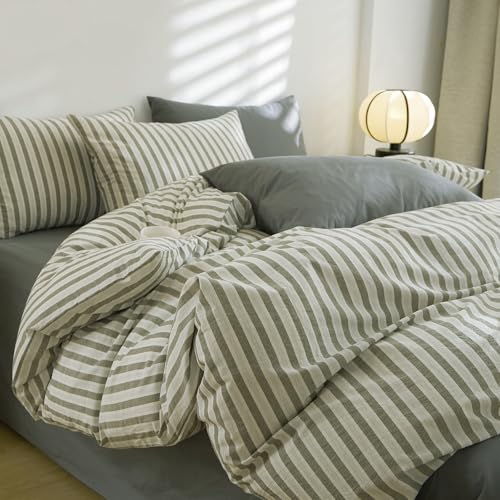 Image of LifeTB Full Size Comforter Set Grey Striped Comforter Set, 3 Pieces Retro Stripes Pattern Printed Comforter with 2 Pillowcases, Fluffy Soft Lightweight Breathable Striped Bedding Set for All Seasons