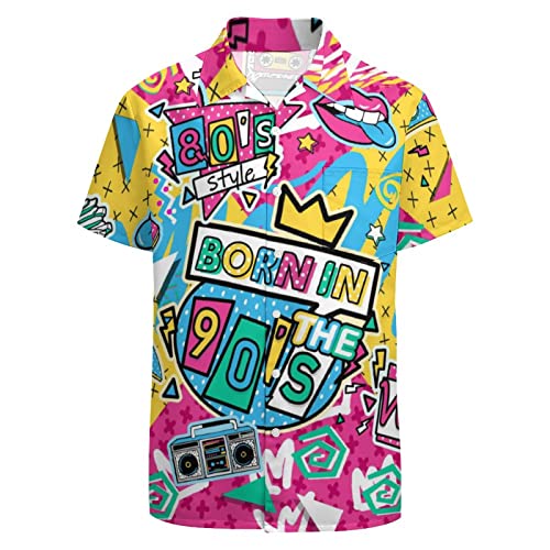 LARSD 80s Shirts for Men - 90s Button Up Vintage Retro Hawaiian Beach Neon Disco Funny Party Shirt