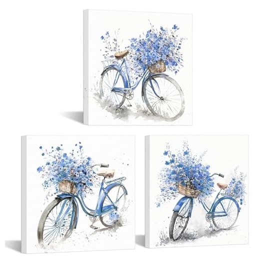 CHIPEL Póster moderno Bicicleta azul Flor Acuarela Bicicleta abstracta con ramo de flores Imagen para sala de estar de granja 3 piezas 60x80 cm sin marco